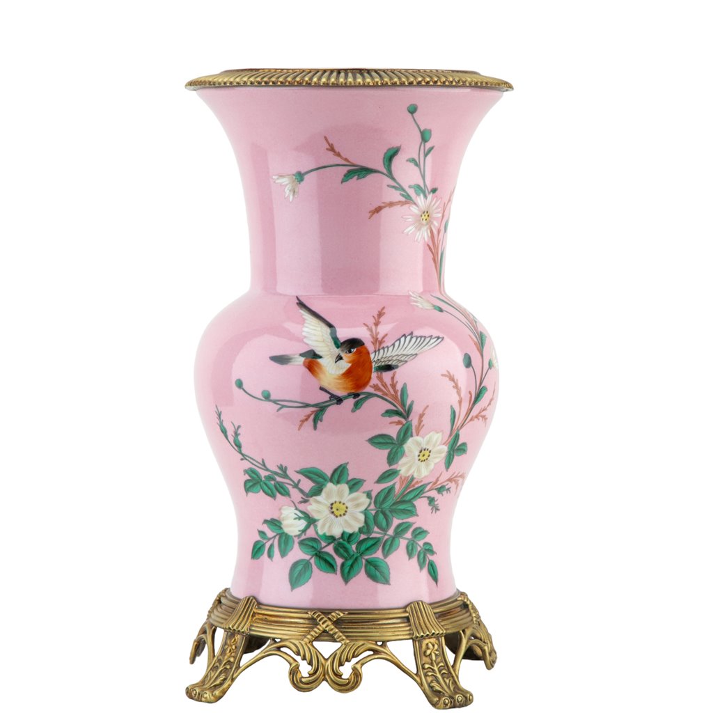 Porcelain Round Pink Floral and Birds Vase with Bronze Ormolu