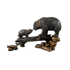 Bear & Cub on Log Table-top Bronze Statue