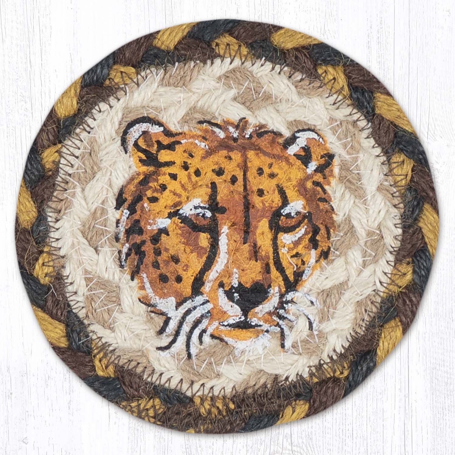 Round Hand Stenciled Coaster with Running Cheetah Design (Pack of 2)