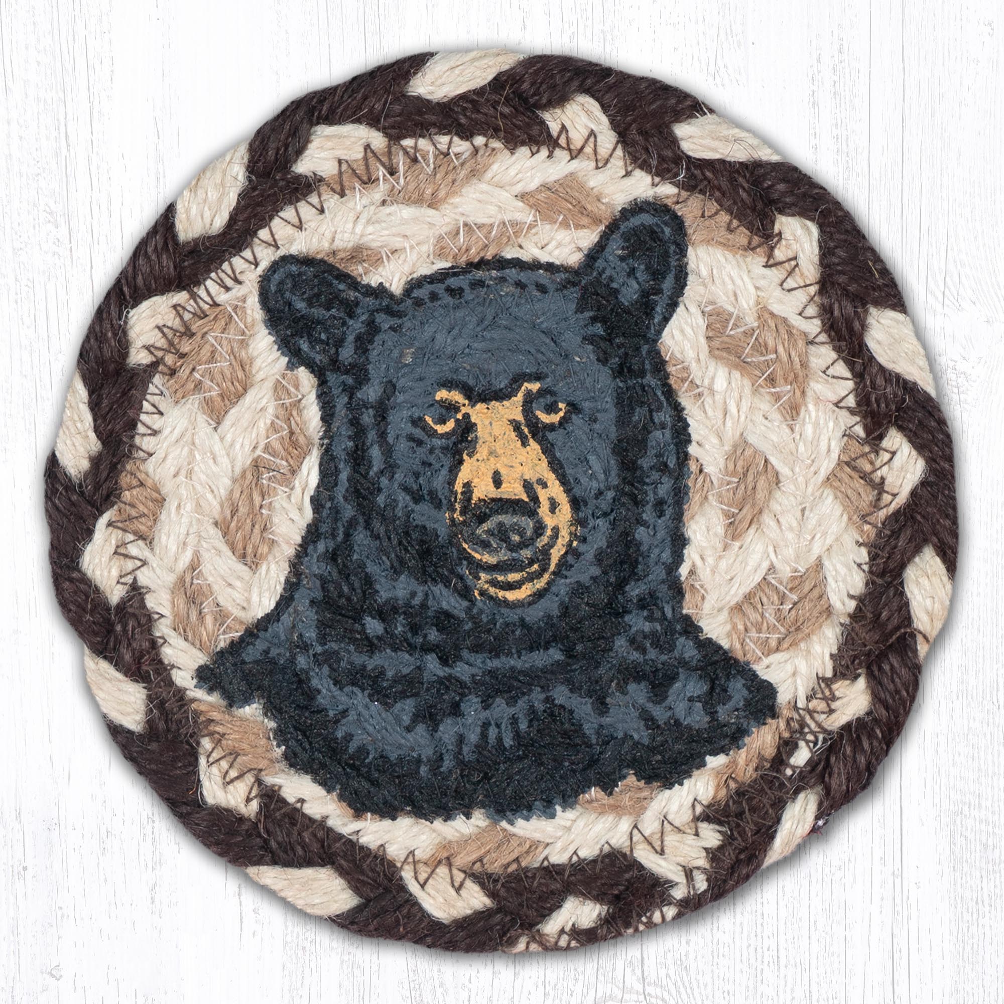 Round Hand Stenciled Coaster with Bear Design (Pack of 2)