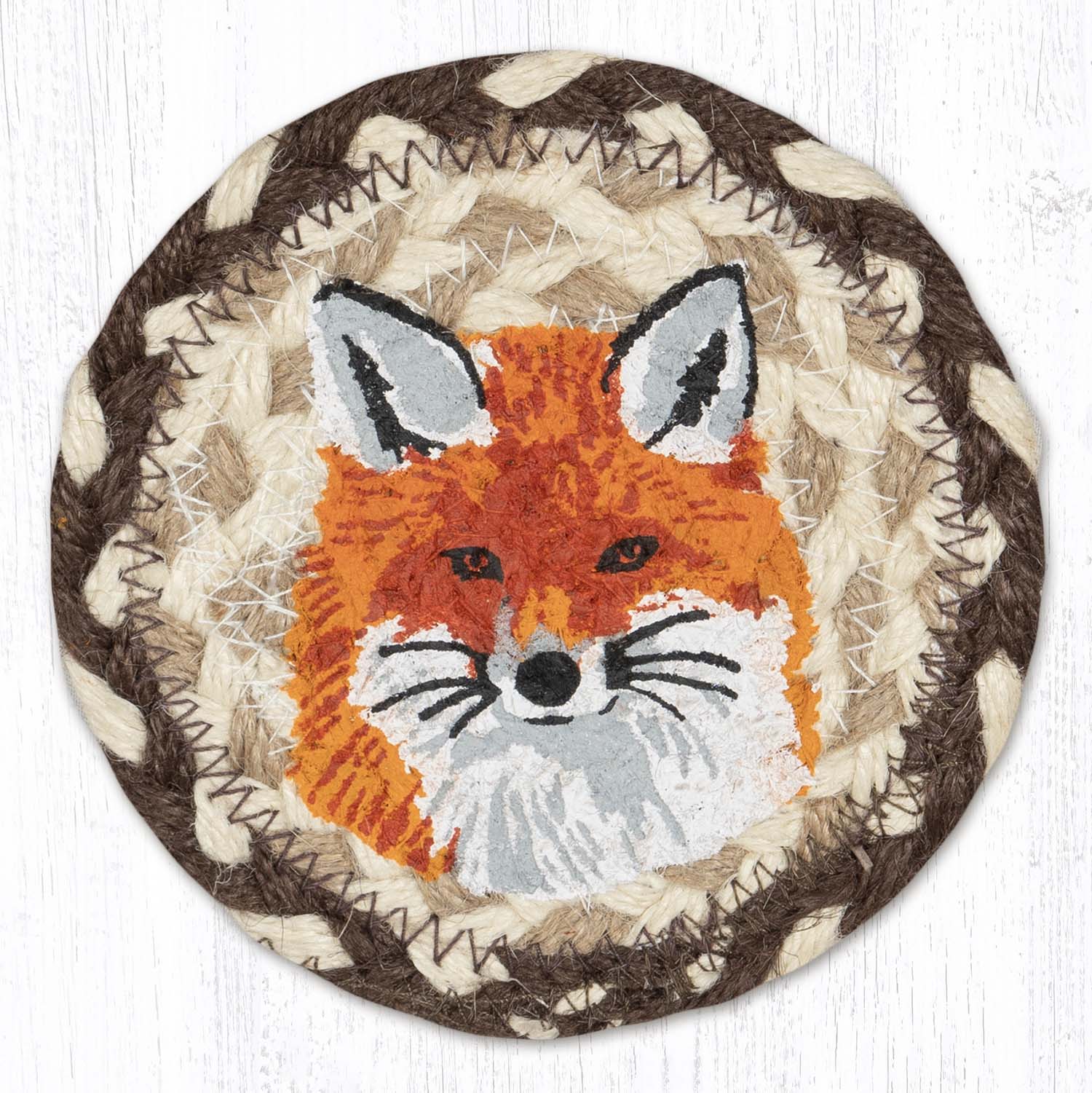 5" Round Hand Stenciled Coaster with Fox Design (Pack of 2)