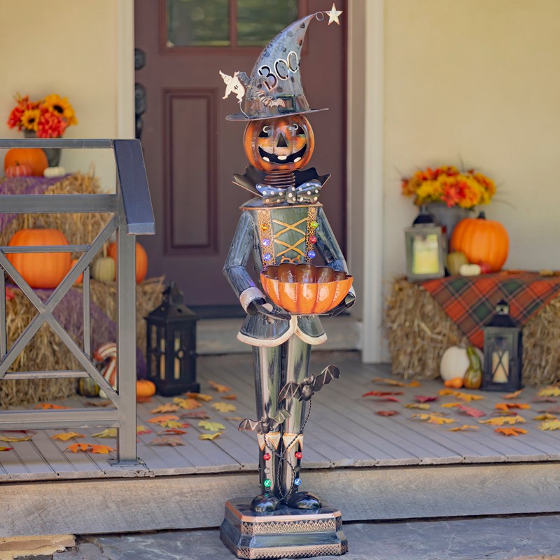 Tall Metal Pumpkin Soldier with Candy Bowl & Multicolor Lights
