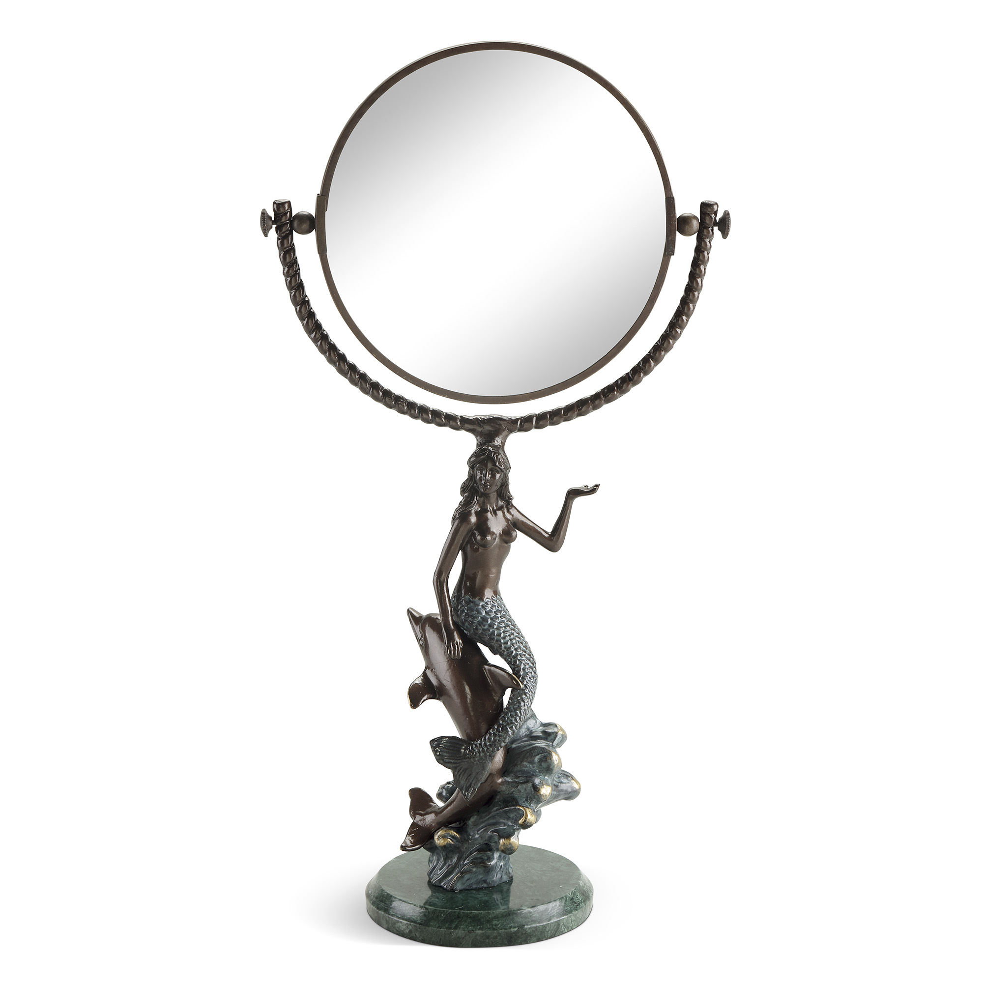 Cast Aluminum Mermaid & Dolphin Magnifying Double Side Vanity Mirror