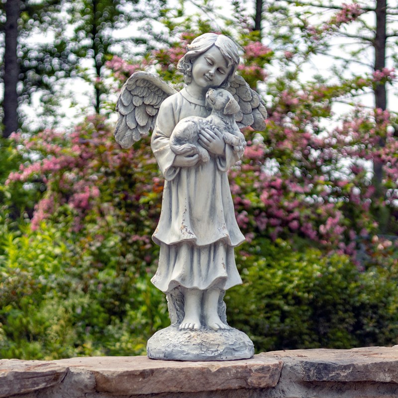 39" Tall Magnesium Angel Statue Holding Dog in Antique White "Kaileigh"