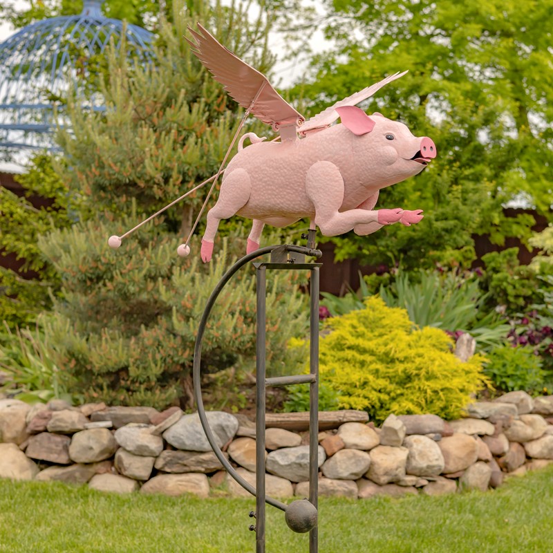 6.5ft. Tall Hand Painted Flying Pink Potbelly Pig Iron Rocking Stake "Pigasus"