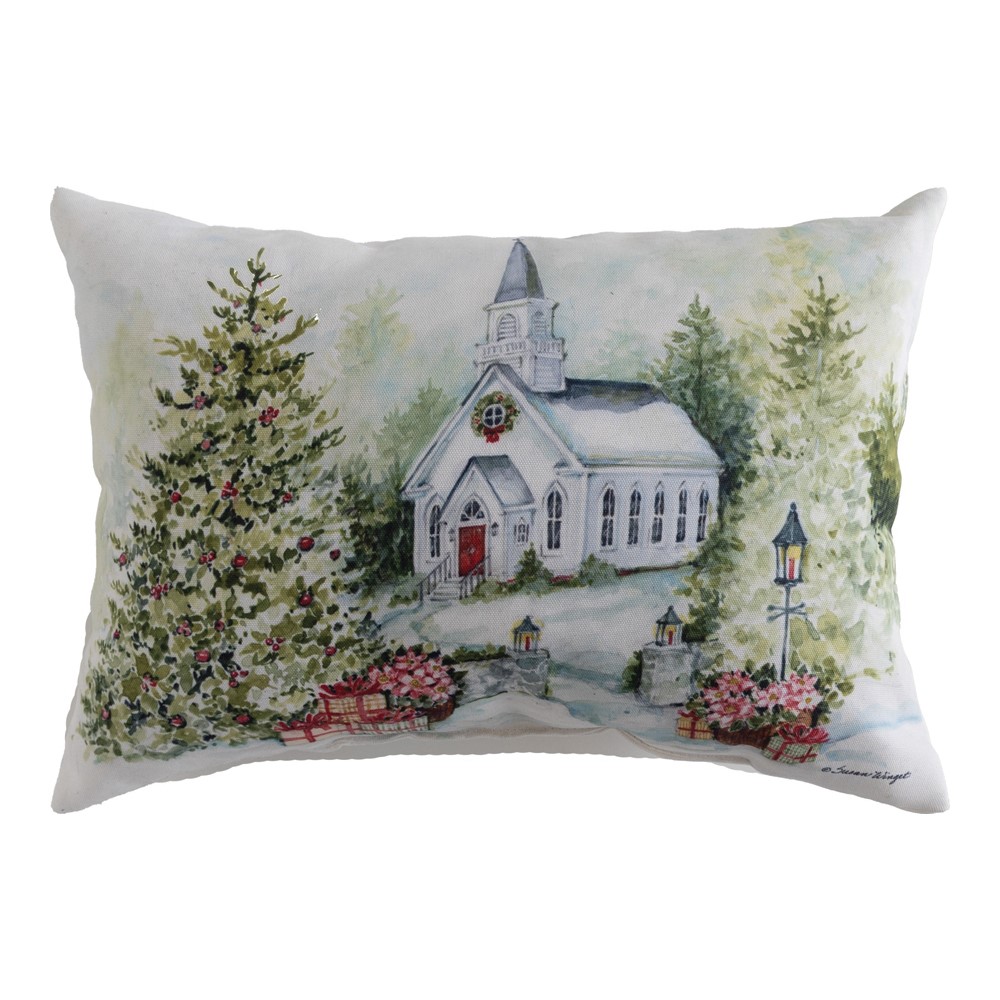 Holly and Pine - Christmas White Church Climaweave Pillow 18" x 13" (Set of 2)