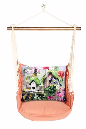 4 Piece Swing Set - Living Coral with Garden Birdhouse Pillow