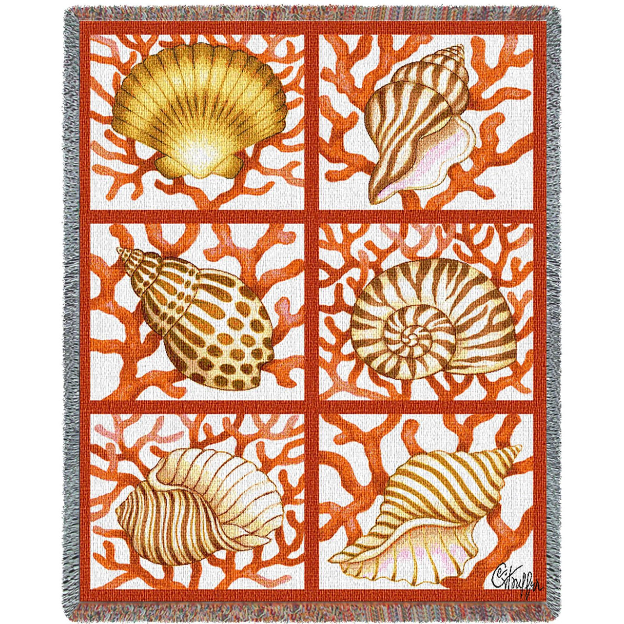 Shells and Coral Cotton Woven Blanket Throw - Made in the USA (72x54)