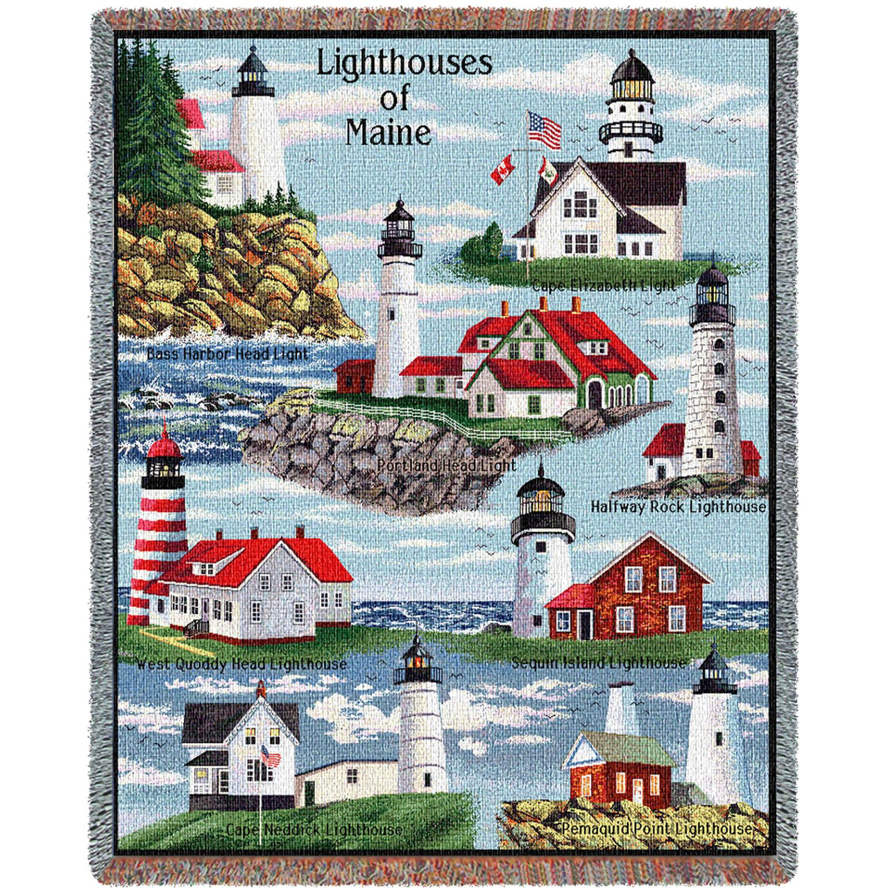Lighthouses of Maine Cotton Woven Blanket Throw – Made in the USA (72x54)