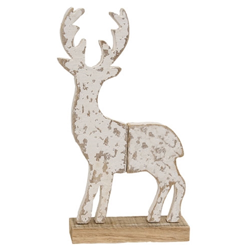 Distressed Wooden Snowy Reindeer on Base