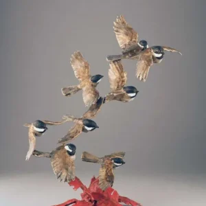 In a Flurry Chickadee Bronze Sculpture by Mark Hopkins