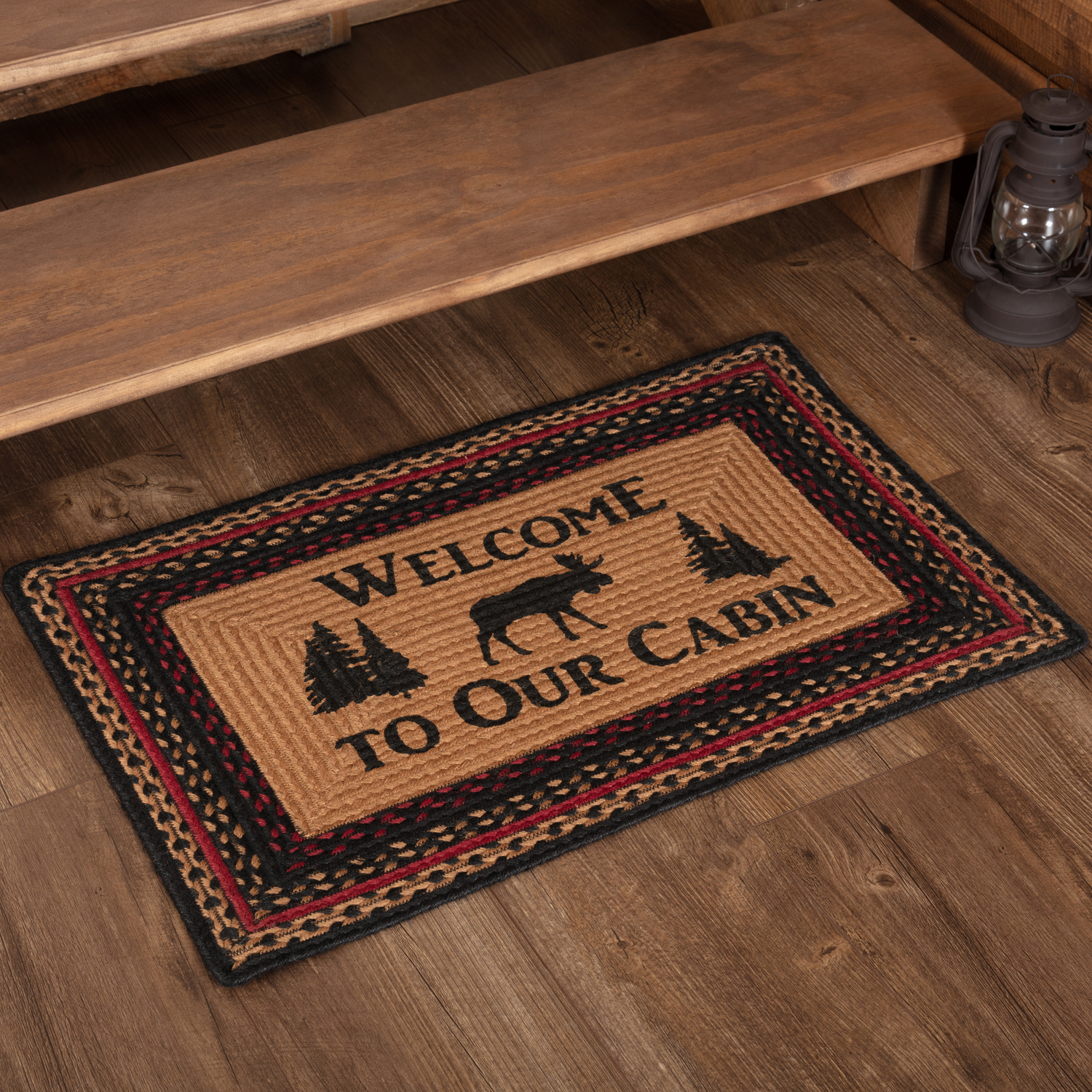Cumberland Stenciled Moose Jute Rug Rect Welcome to the Cabin 20x30