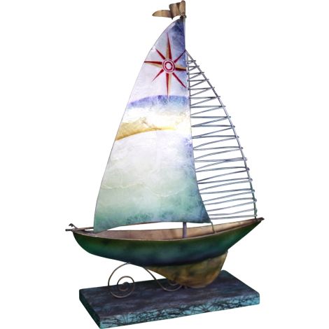 Seafoam Sailboat w/ Red Compass Stand 12.5" - Metal & Capiz Art