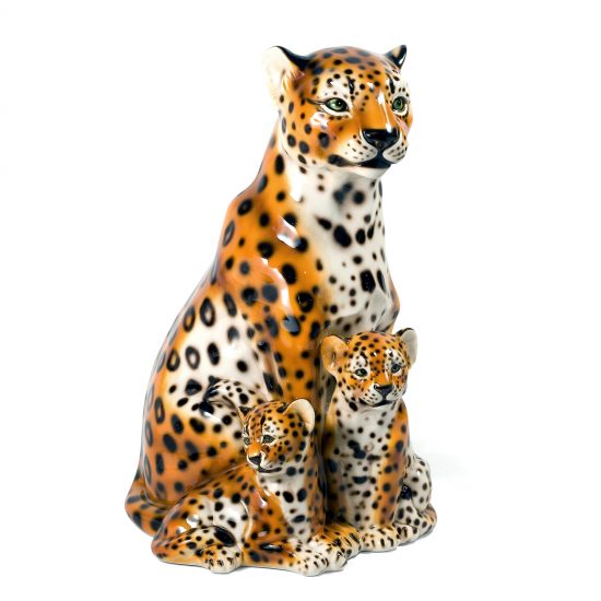 Authentic Italian Ceramic Leopard with Two Cubs Sculpture