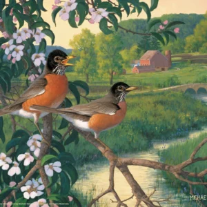 Apple Blossom Time Robins – 11″ x 14″ Art Print