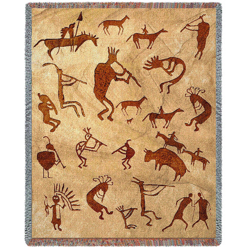 Kokopelli Petroglyphs – Southwest Cave Rock Art Cotton Woven Blanket Throw – Made in the USA (72×54)