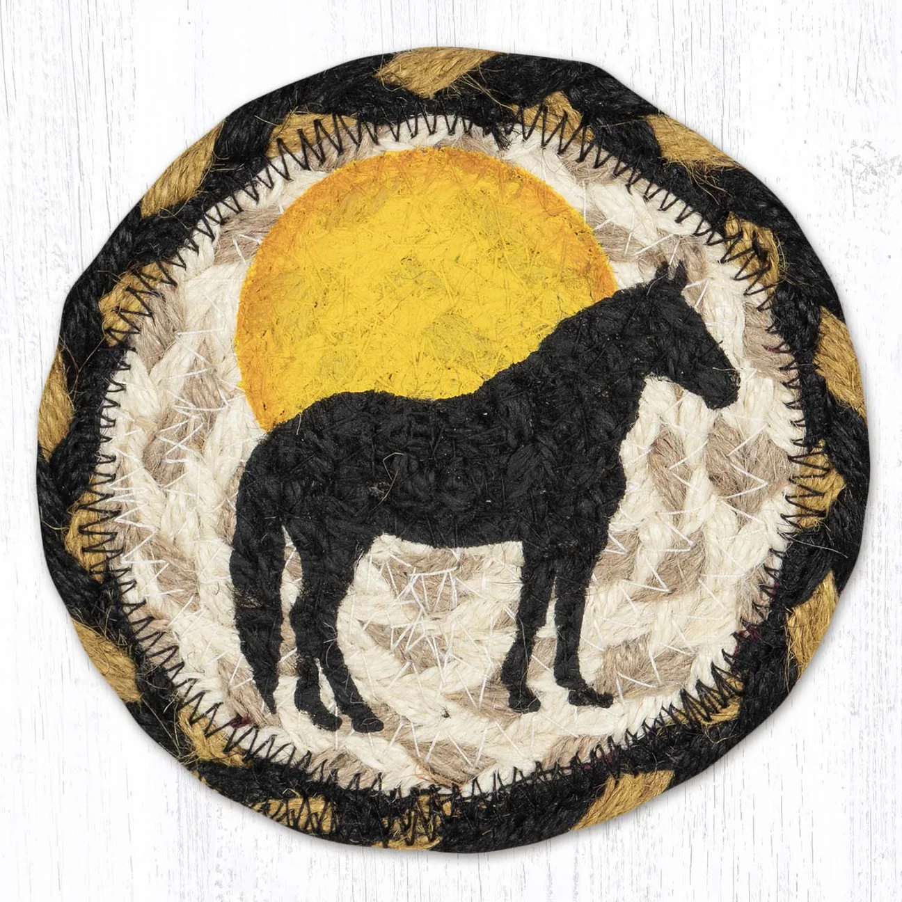 Round Hand Stenciled Coaster with Horse Silhouette Design (Pack of 2)