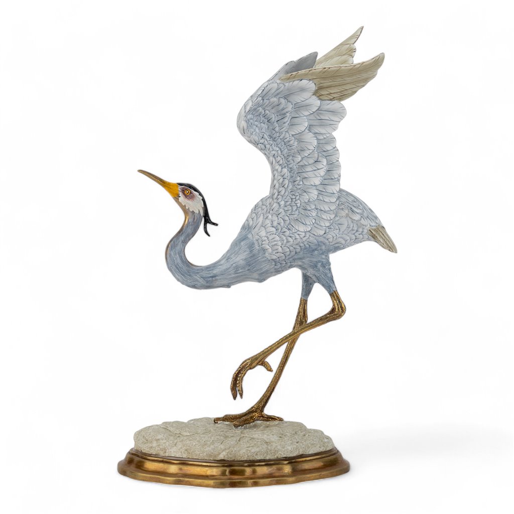 Porcelain Blue Heron in Flight Figurine with Bronze Ormolu