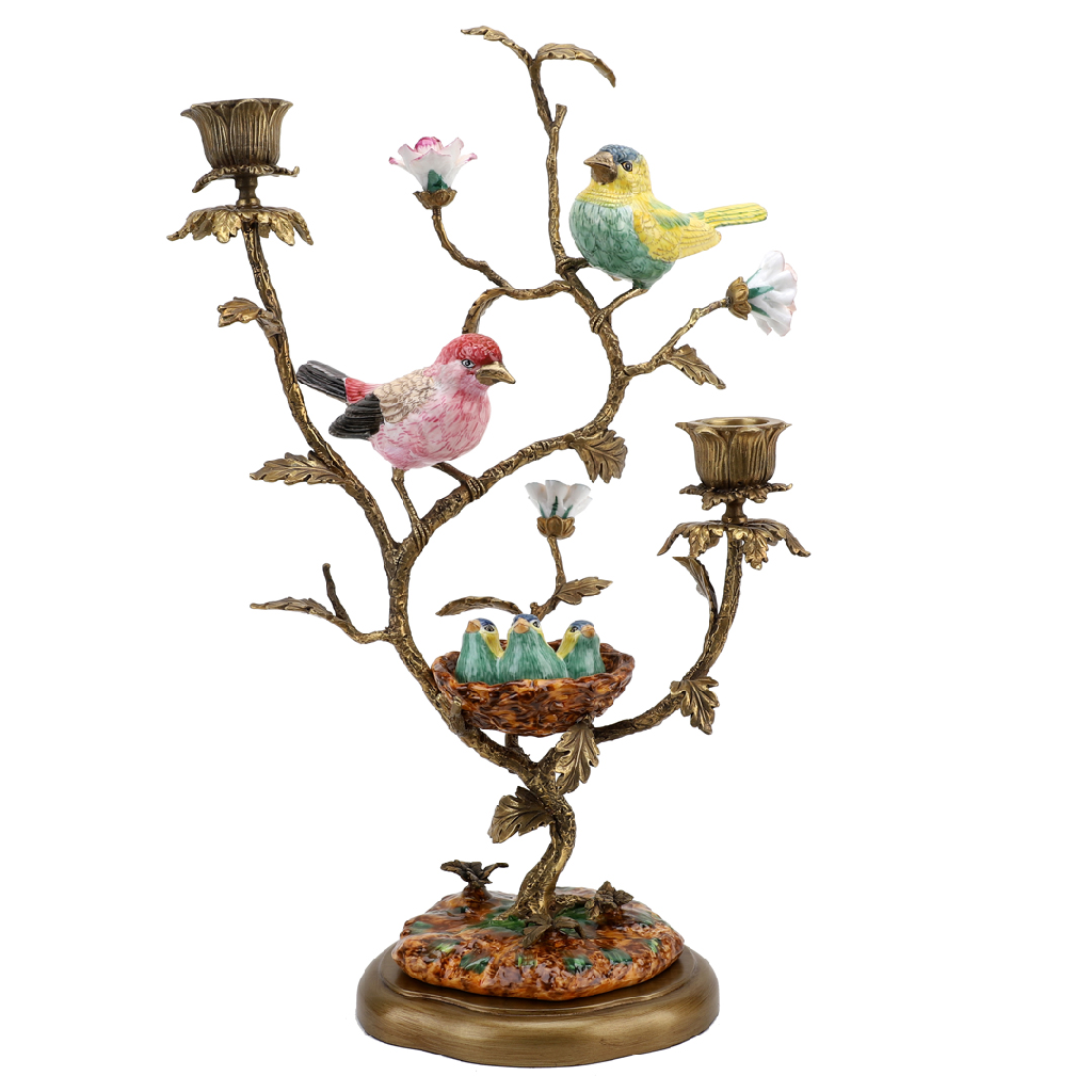 Porcelain Song Bird Nest Candlestick Stand with Bronze Ormolu