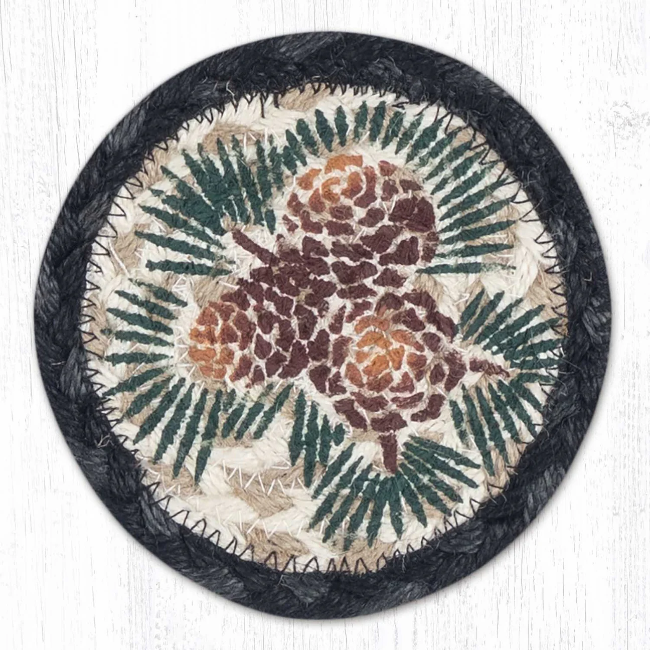 Round Hand Stenciled Coaster with Pinecone Design (Pack of 2)