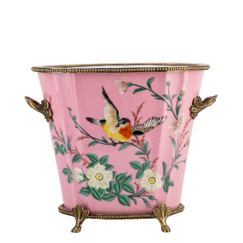 Porcelain Round Pink Floral and Birds Planter with Bronze Ormolu