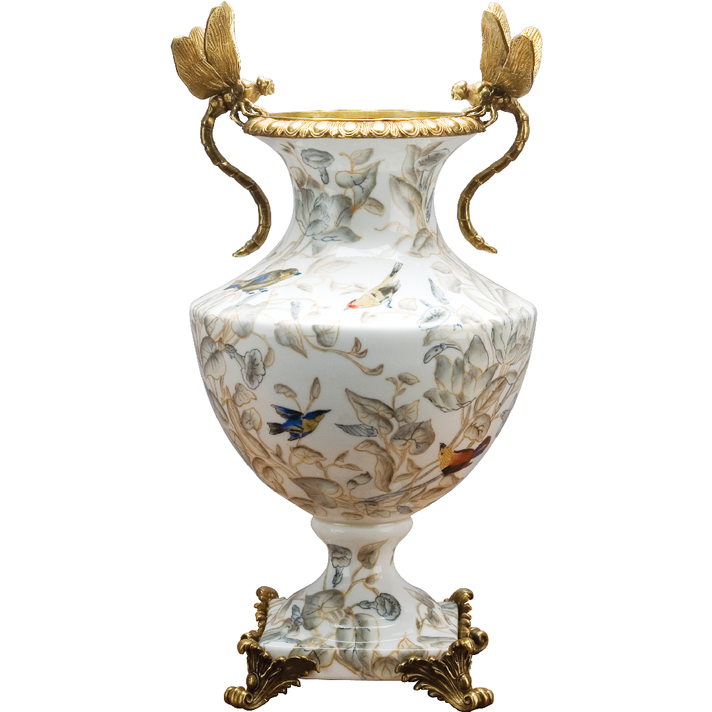 Porcelain Round Floral and Birds Basin with Bronze Ormolu in Dragonfly Handles