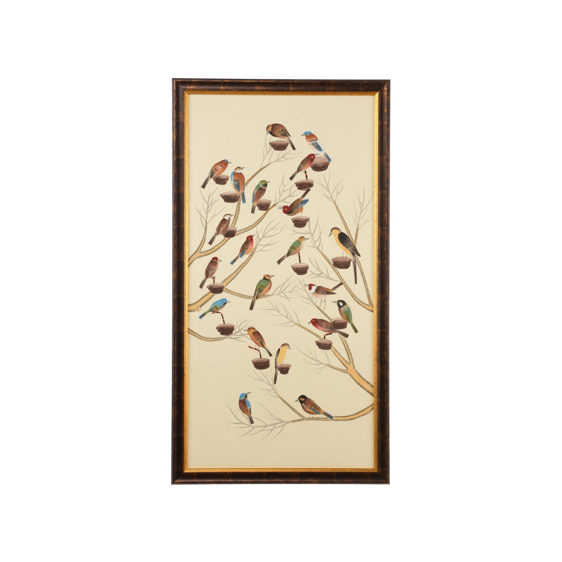 Small Aviary – Watercolor on Silk Gold and Brown Frame with Glass – 60h x 32.5w x 1.5d Hand Painted