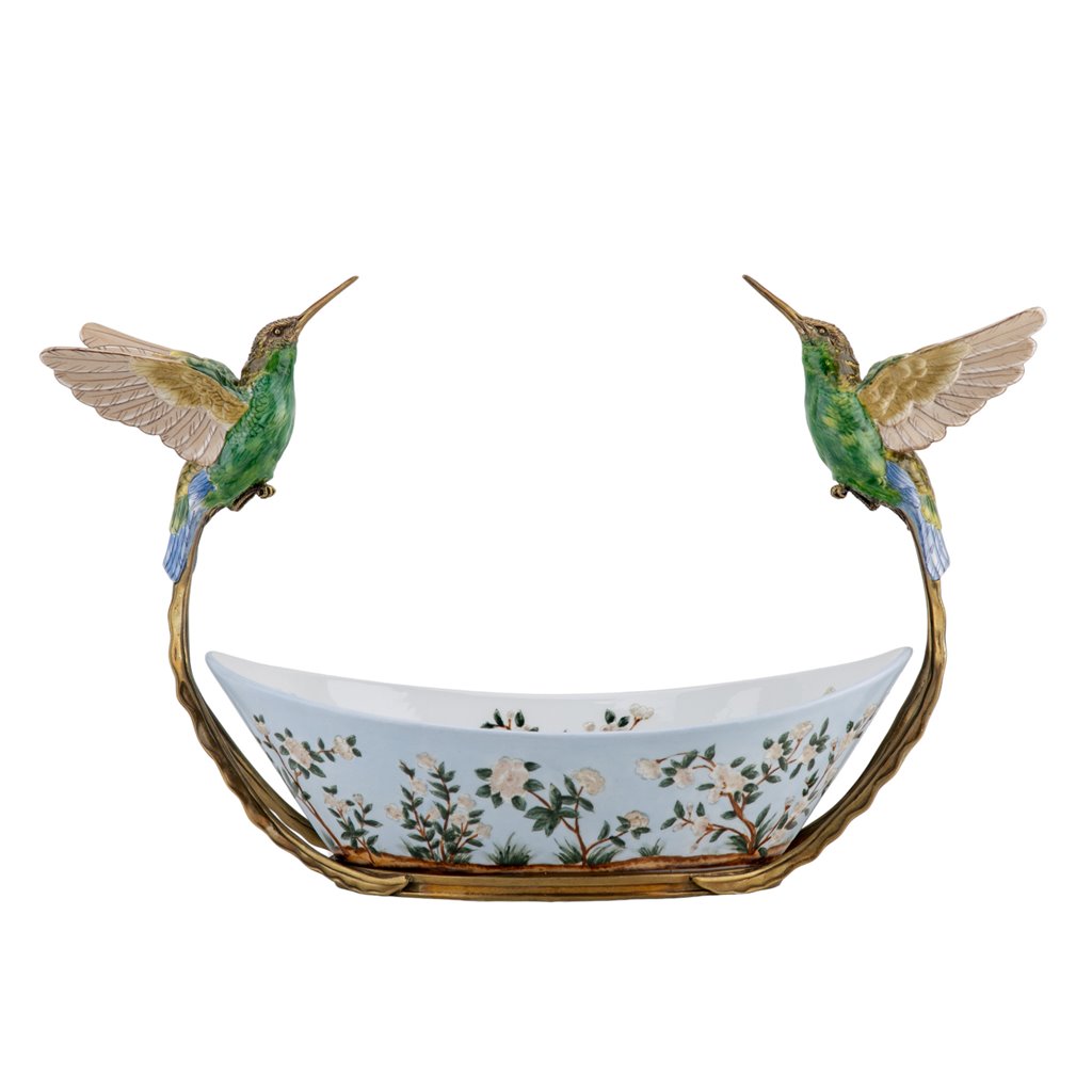 Porcelain Singing Jasmine Twin Hummingbird Basin with Bronze Ormolu