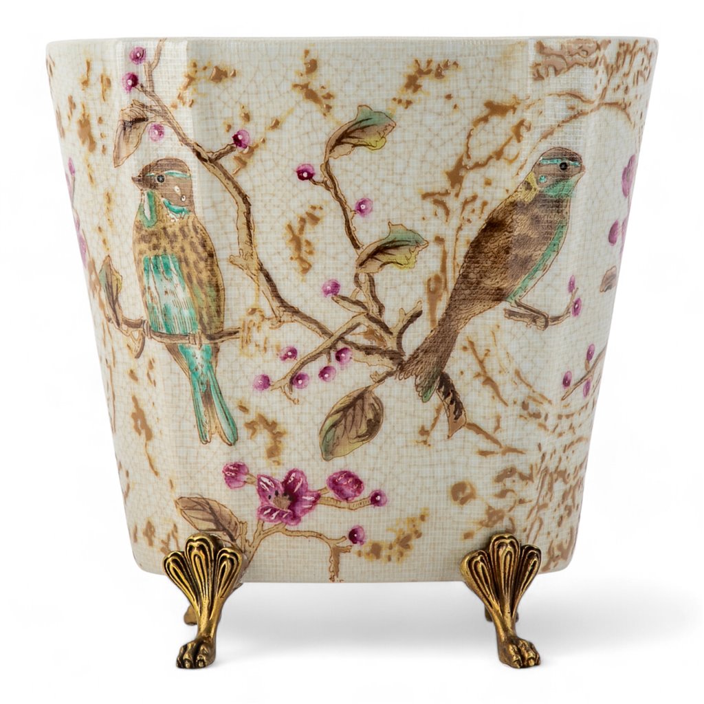 Porcelain Oval Birds and Blooms Planter with Bronze Ormolu