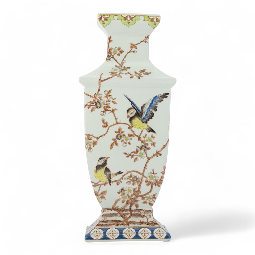 Porcelain Rectangular Floral and Birds Vase with Bronze Ormolu