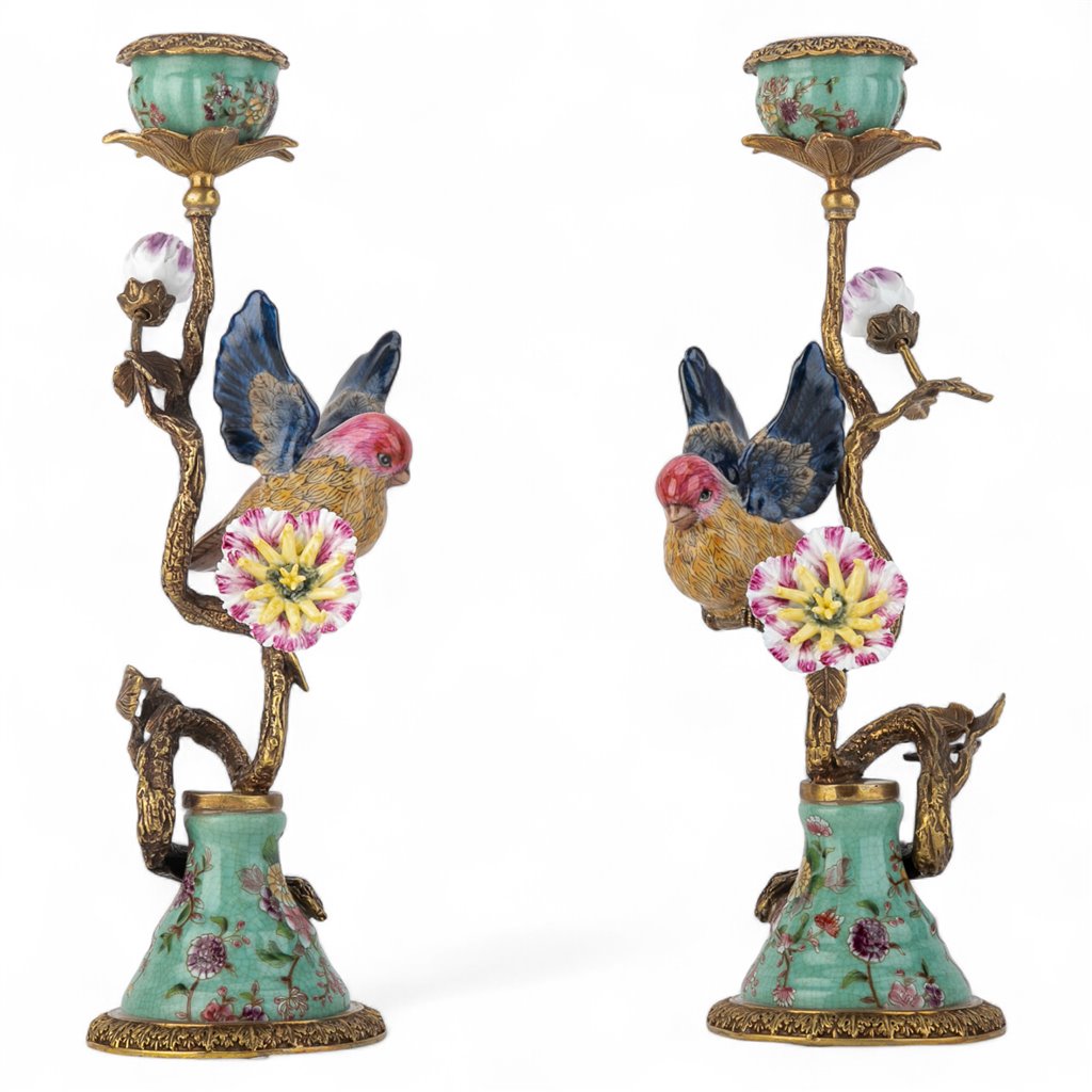 Porcelain Song Bird Candelabra Set with Bronze Ormolu