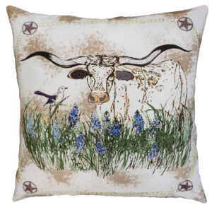 Farm and Ranch Cotton Printed Throw Pillow – Longhorn and Blue Bells