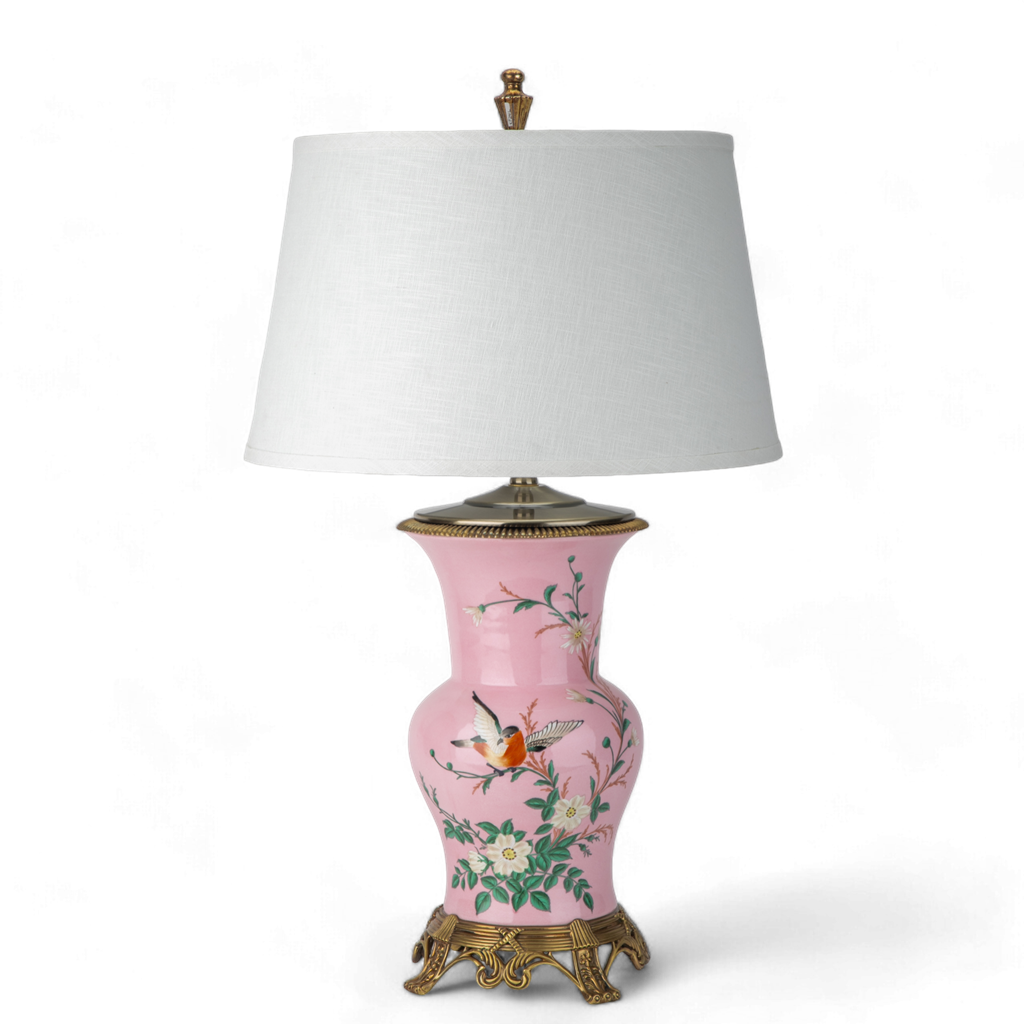 Porcelain Round Pink Floral and Birds Table Lamp with Bronze Ormolu