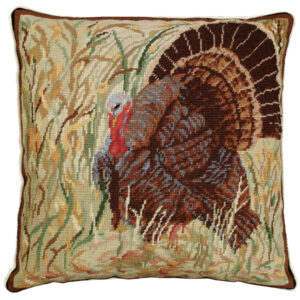 Wildlife Inspired Needlepoint Down Throw Pillow – Turkey in the Field