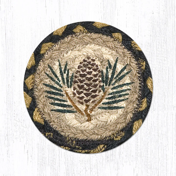 5" Round Hand Stenciled Coaster with Pinecone Design (Pack of 2)