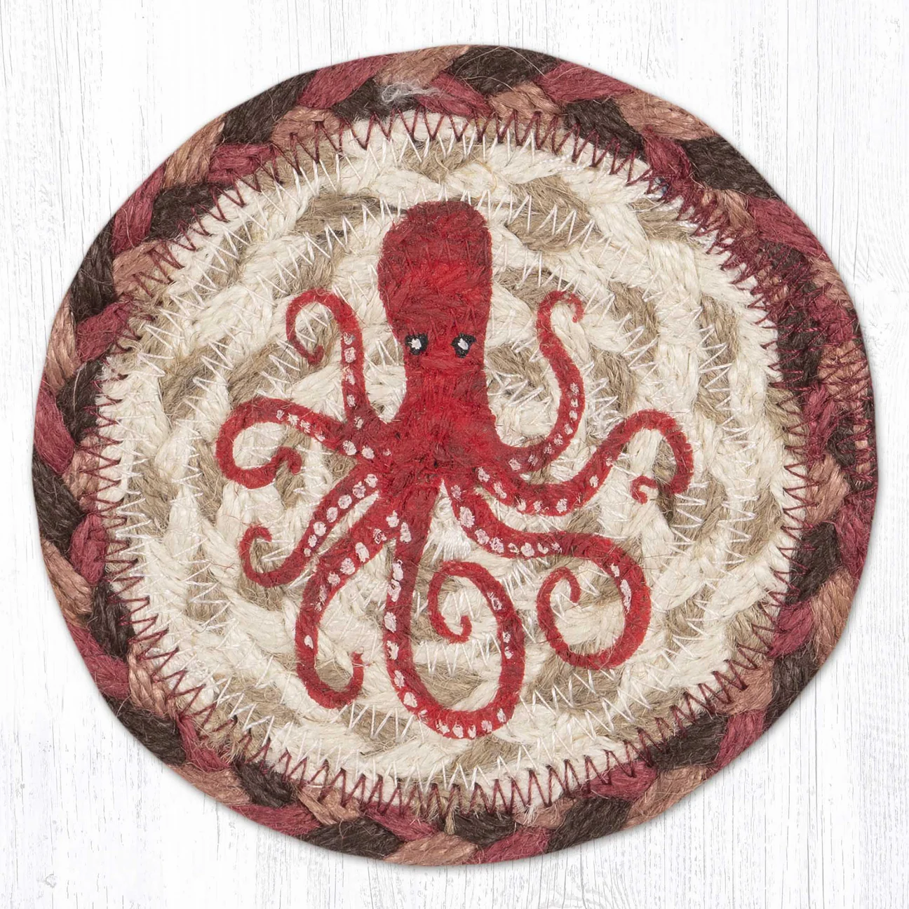 5" Round Hand Stenciled Coaster with Red Octopus Design (Pack of 2)