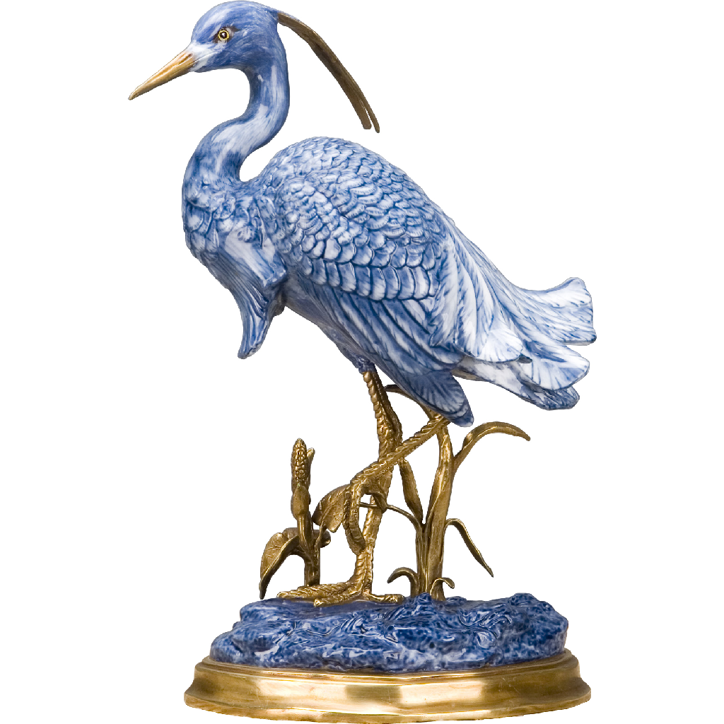 Porcelain Blue Egret Figurine with Bronze Ormolu