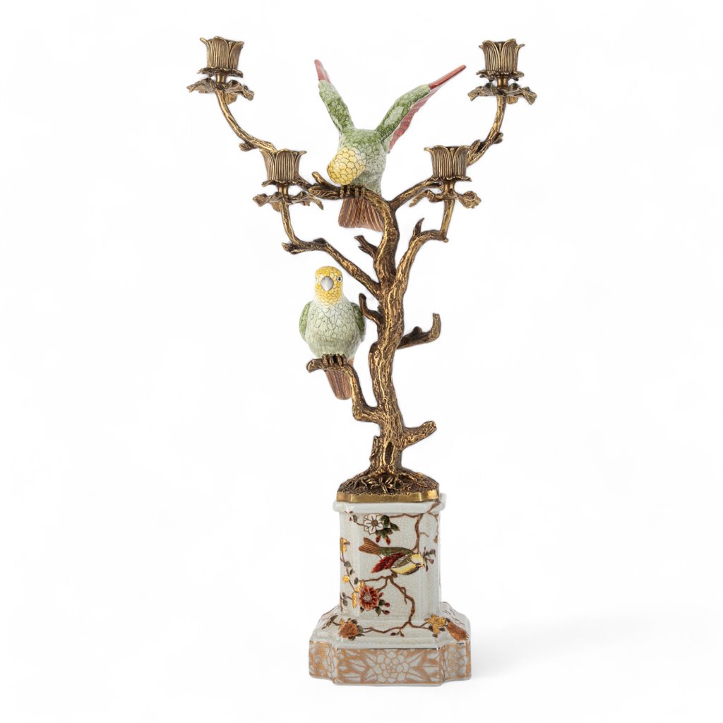 Porcelain Double Parrot Candelabra with Bronze Ormolu