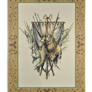 Fishing Supplies with Caught Fish - Woven Tapestry Wall Art Hanging 59x44