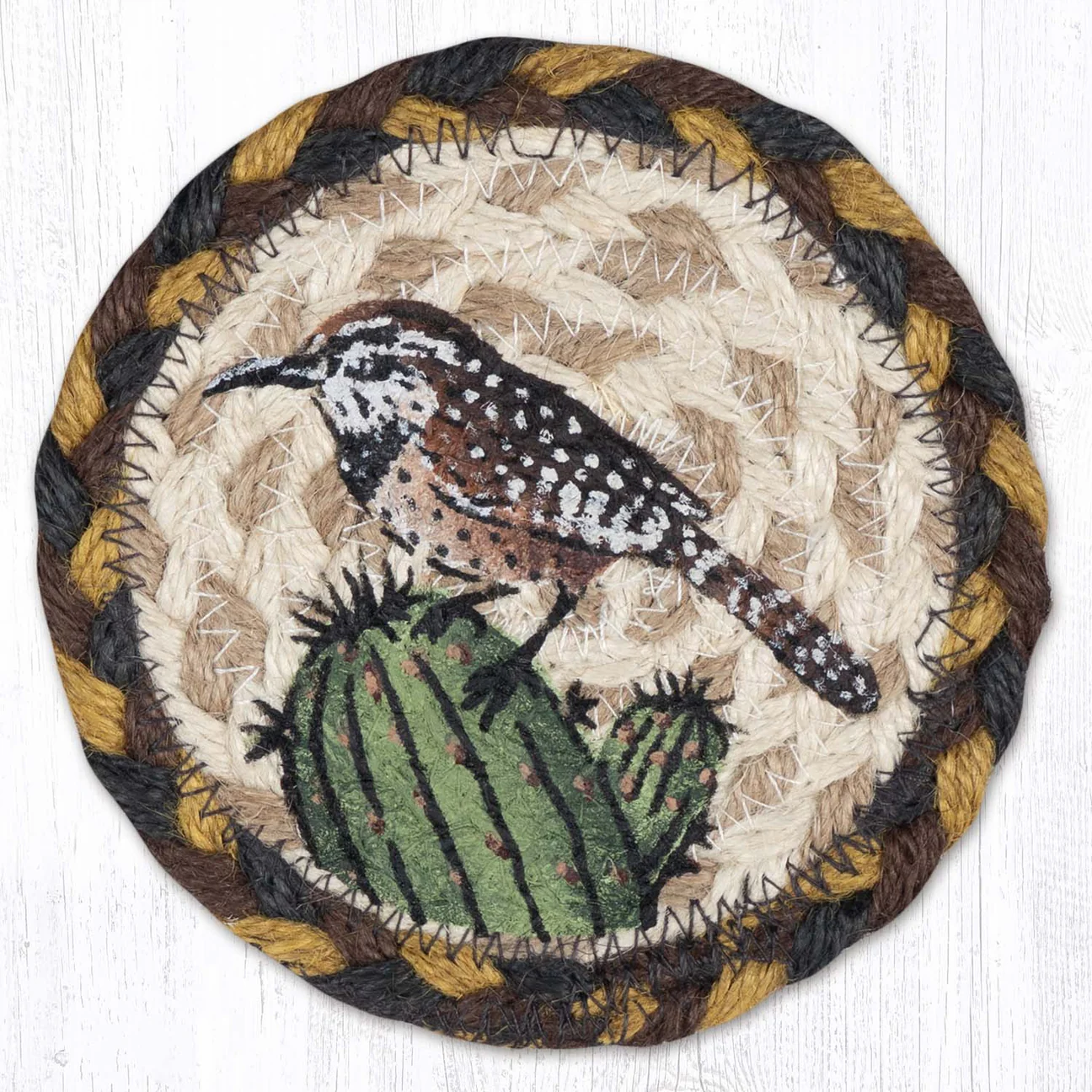 Round Hand Stenciled Coaster with Cactus Wren Bird Design (Pack of 2)