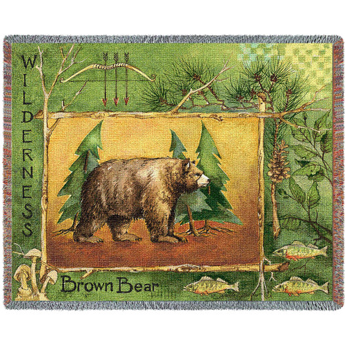 Brown Bear Lodge Cotton Woven Blanket Throw – Made in the USA (72×54)