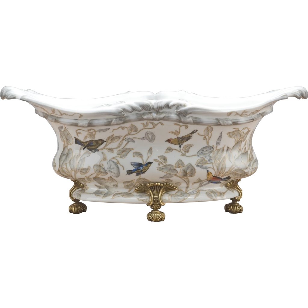 Porcelain Elongated Floral and Birds Basin with Bronze Ormolu