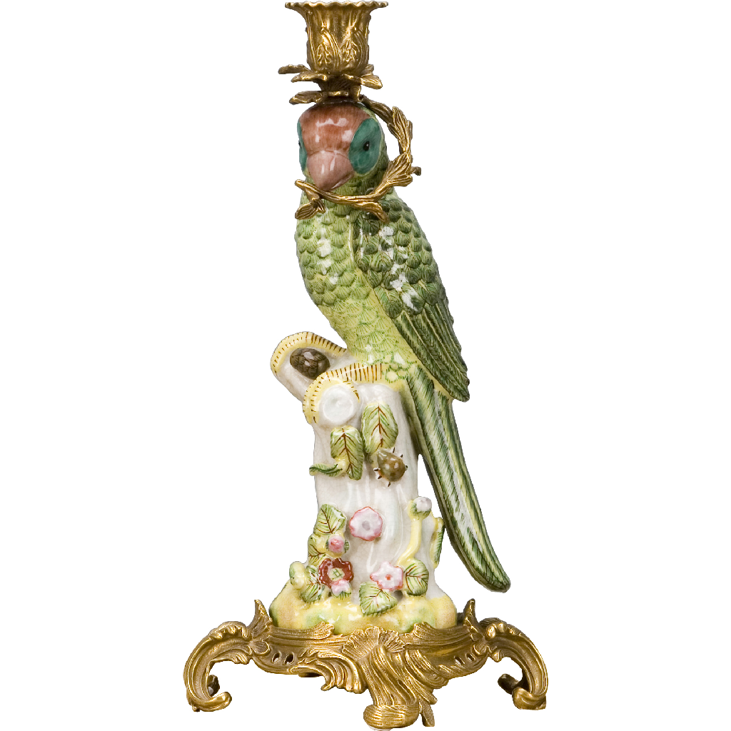 Porcelain Golden Parrot Candle Holder with Bronze Ormolu