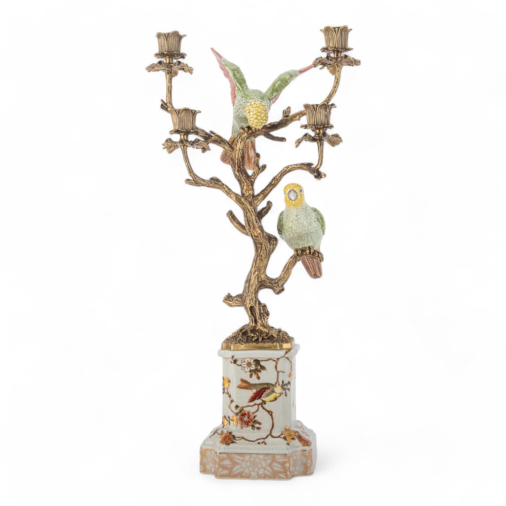 Porcelain Double Parrot Candelabra with Bronze Ormolu II