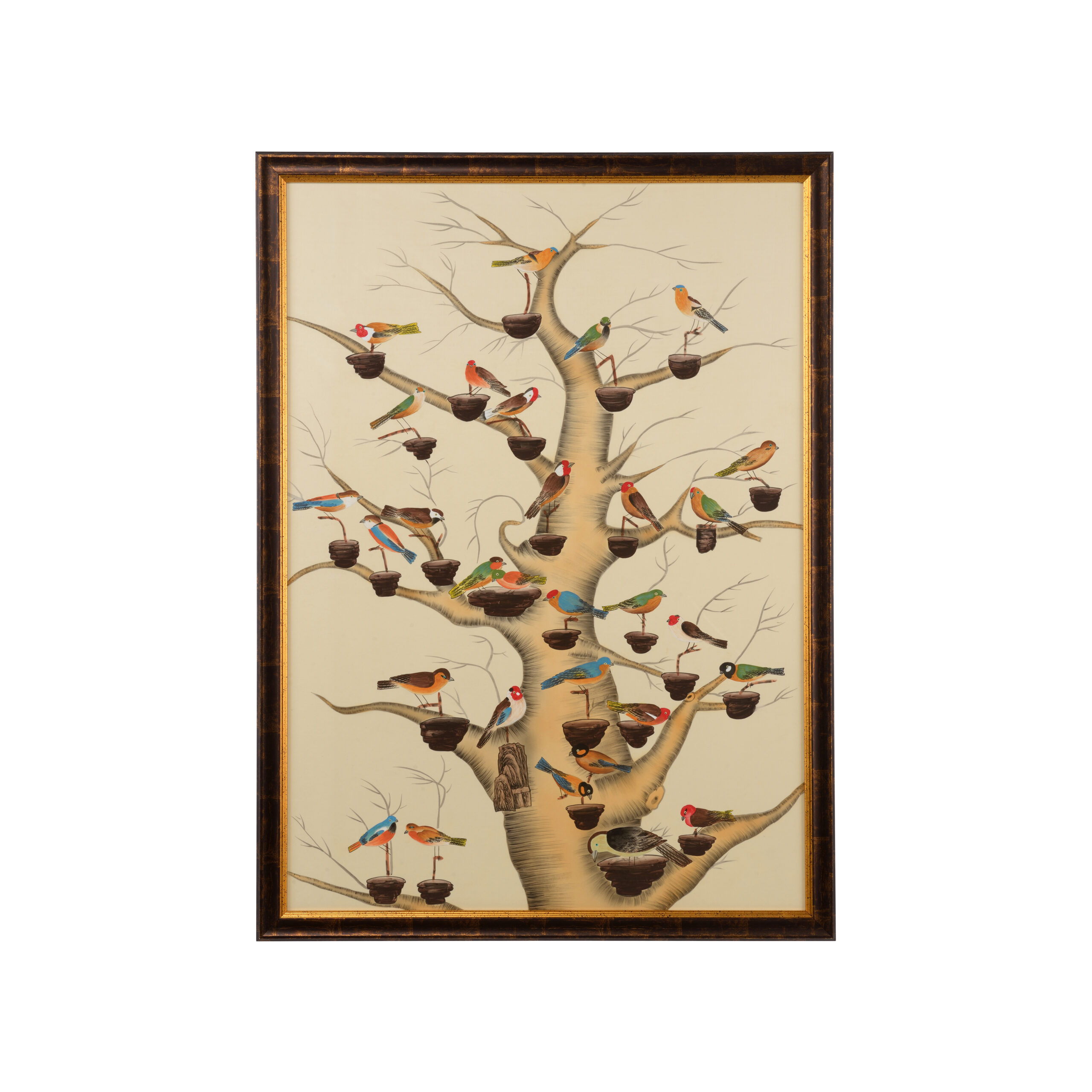 The Aviary - Watercolor on Silk Gold and Brown Frame with Glass - 60h x 44w x 1.5d Hand Painted