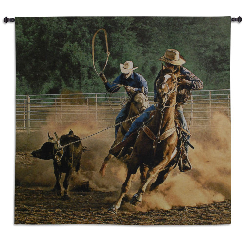 Realistic Cowboy Cattle Roping Scene – Woven Tapestry Wall Art Hanging
