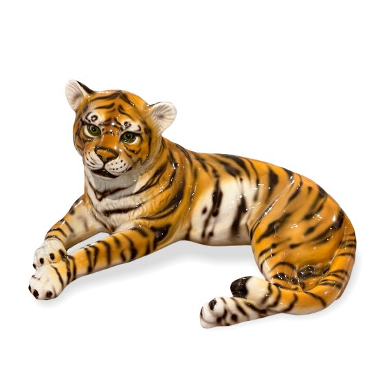 Authentic Italian Ceramic Lying Tiger Sculpture