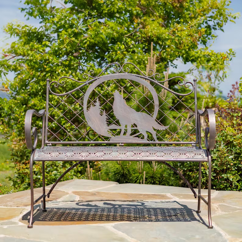 Classic Outdoor Bench with Howling Wolf & Moon Silhouette "Gunnison"
