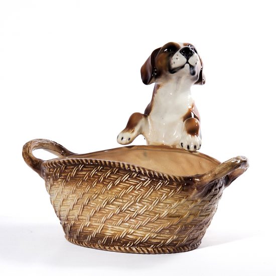 Authentic Italian Ceramic Beagle with Basket Dog Sculpture