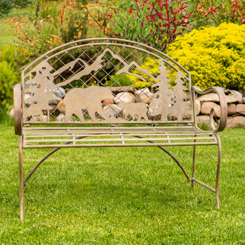 Round Top Bench with Grizzly Bear & Mountain Silhouette "Yellowstone"